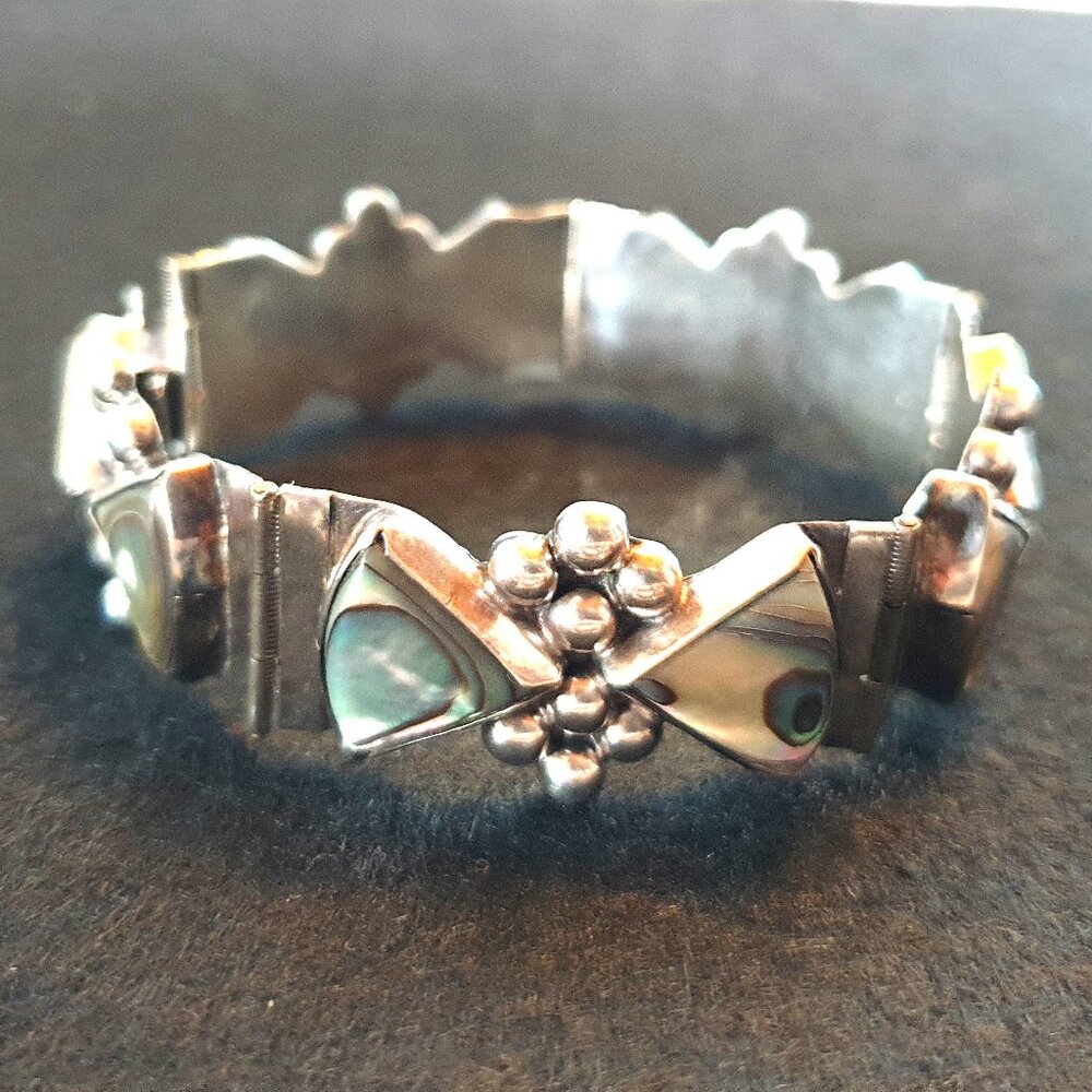 Bold Vintage Mexico Taxco 925 Sterling Silver Abalone Inlaid Statement Bracelet